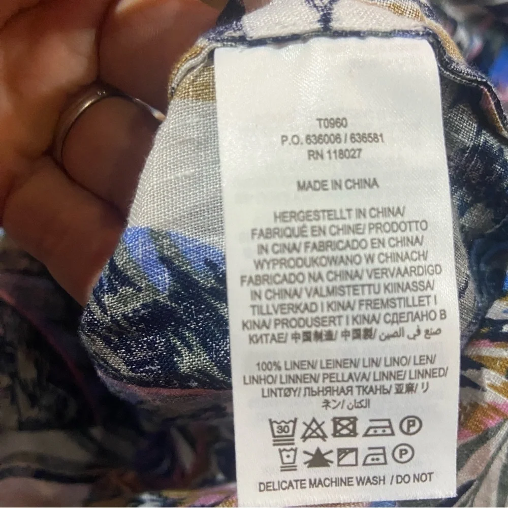Boden V Neck Puff Sleeve 100% Linen Popover Botanical Print Sz 6